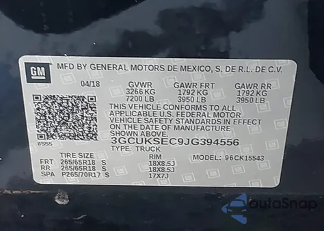 2018 Chevrolet Silverado 1500 2Lz z USA, uszkodzony, nr VIN 3GCUKSEC9JG394556